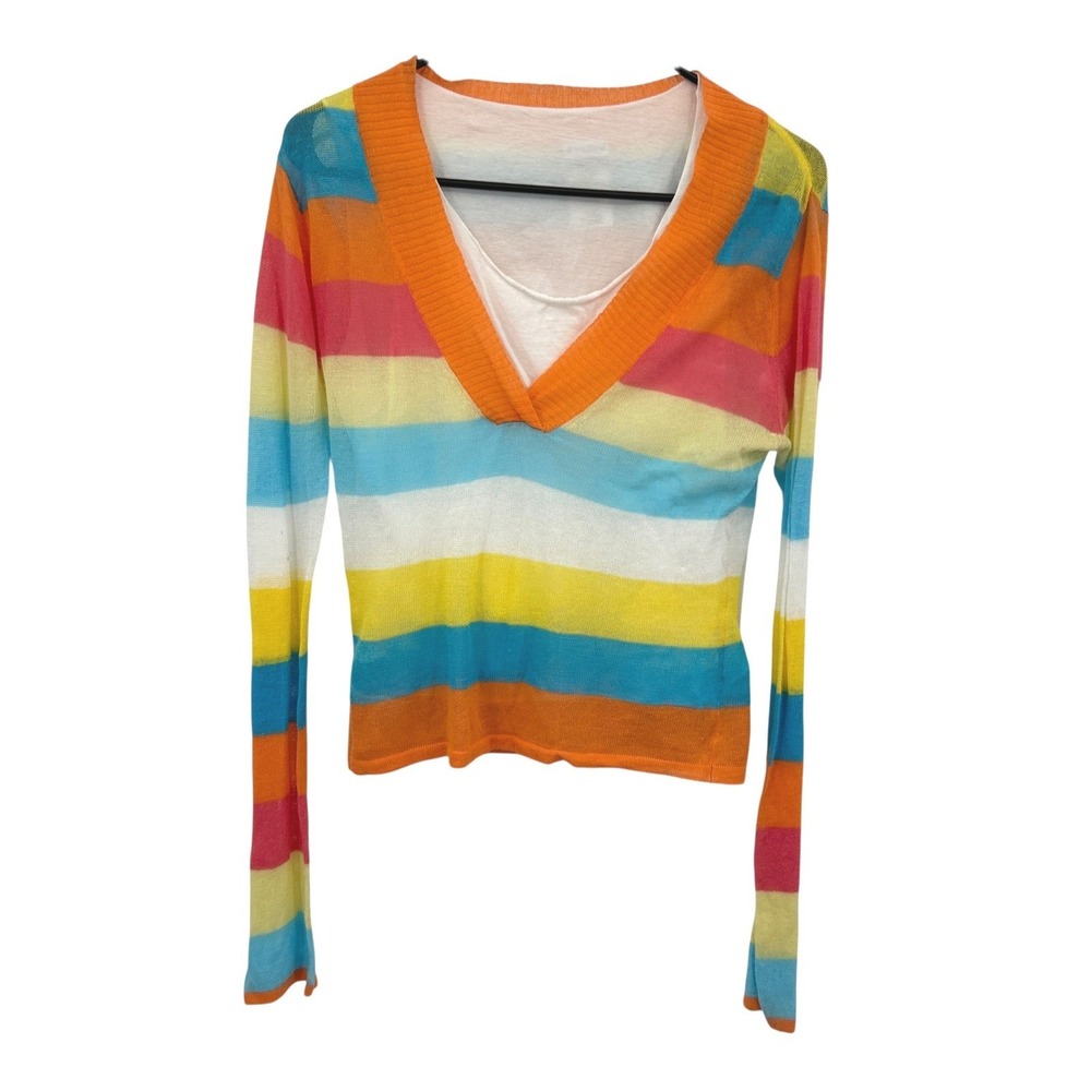 Y2K Sheer Rainbow Stripe V Neck Long Sleeve Top Juniors G 11/13 Mallcore